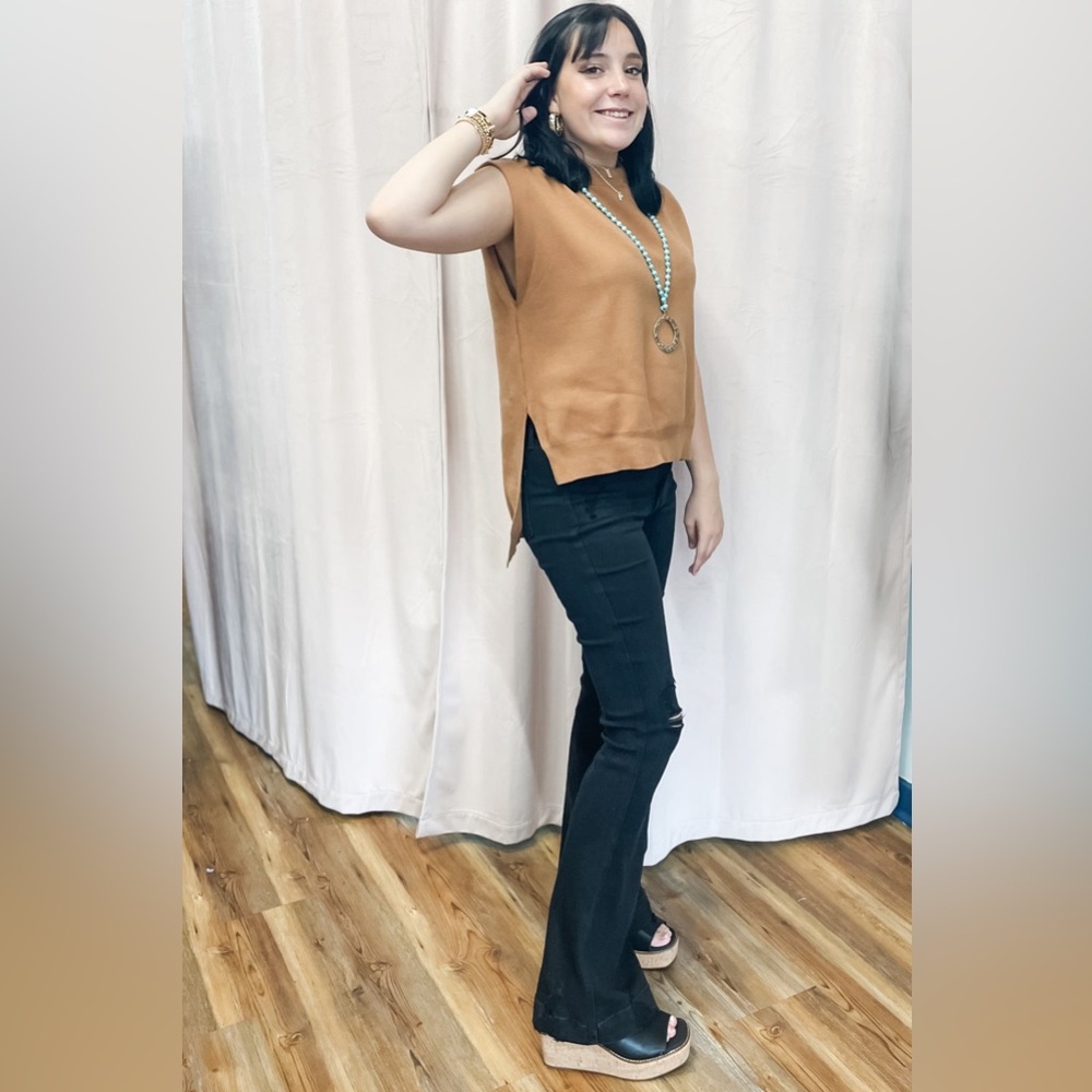 Entro camel solid knit pullover top with split st… - image 2